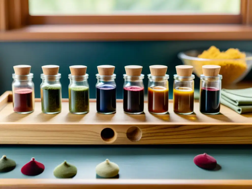 Un rincón artesanal con colorantes naturales en una mesa de madera antigua