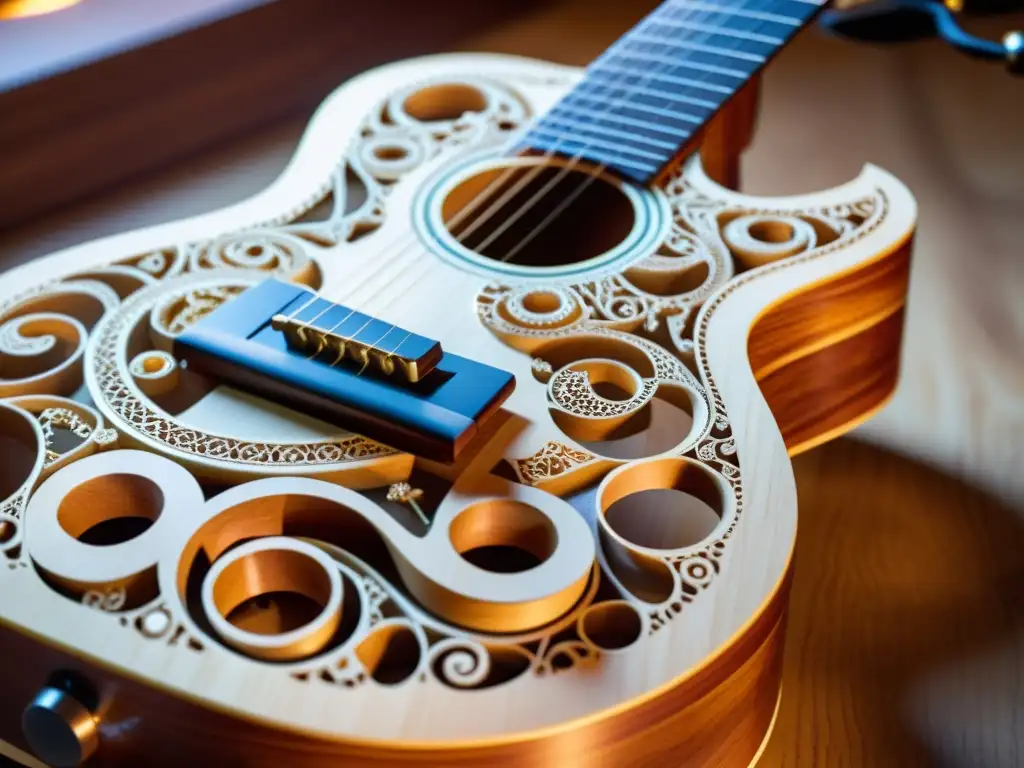 Robótica tallando una guitarra con precisión artesanal, en la construcción de instrumentos musicales con robótica