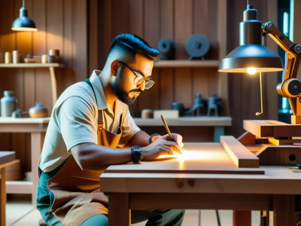 Robótica en ebanistería tradicional: Intrincada fusión de artesanía y tecnología, donde brazos robóticos tallan diseños en una mesa de madera, mientras el artesano observa atentamente