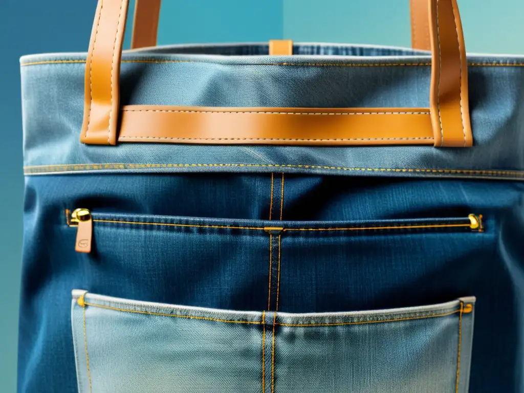 Transformando ropa vieja con técnicas digitales: detalle de jeans desgastados convertidos en una moderna bolsa tote con diseño retro impreso