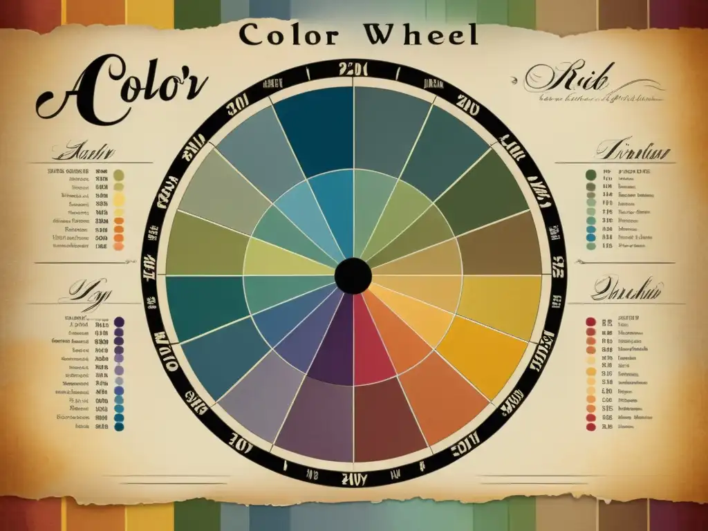 Rueda de colores vintage con descripciones detalladas en caligrafía, sobre pergamino envejecido, ideal para la psicología del color en tienda online