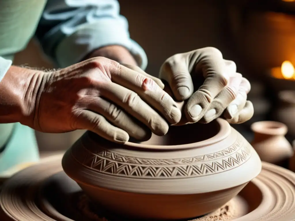 Las rugosas manos de un artesano moldeando con destreza una pieza de cerámica tradicional, en un escenario vintage iluminado con calidez