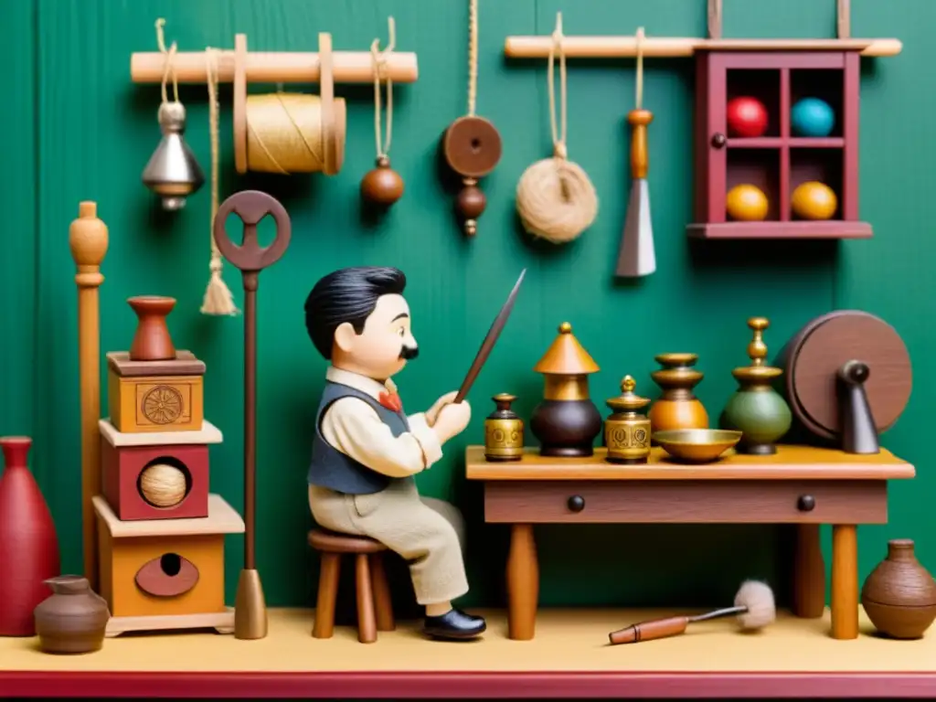 Un set de stop motion vintage con meticulosos detalles artesanales, colores ricos y texturas detalladas