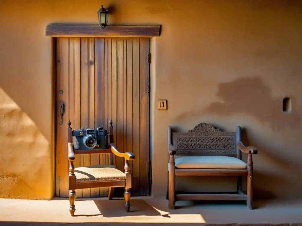 Una silla de madera antigua en frente de una pared de adobe desgastada y soleada, proyectando una sombra cálida e acogedora