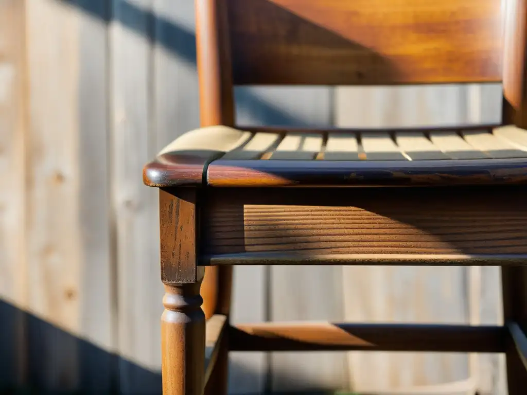 Una silla de madera artesanal, envejecida por el tiempo, bañada en cálida luz solar