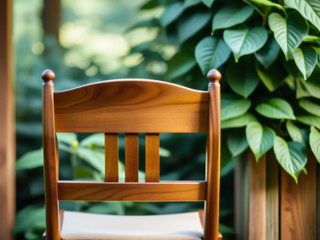 Una silla de madera artesanal vintage, con detalles de la veta de madera y una cálida iluminación