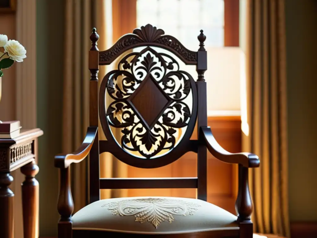 Una silla de madera artesanal vintage con detalles florales, en una habitación acogedora