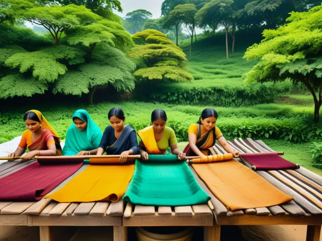 Skilled artisans applying vibrant natural plant dyes to fabric, evocando la sabiduría ancestral con tintes naturales