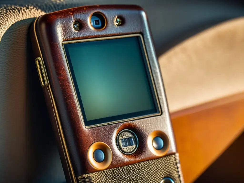 Un smartphone vintage con estuche de cuero agrietado, iluminado por una cálida luz que resalta su encanto nostálgico