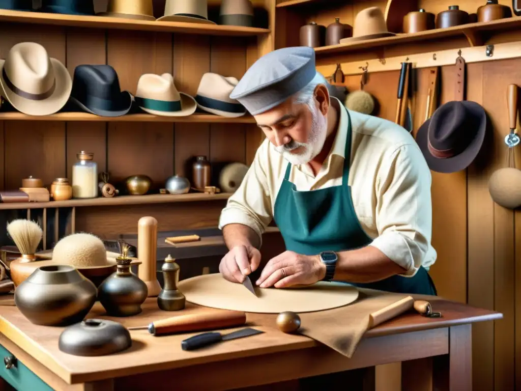 Un sombrerero artesanal diseñando meticulosamente un sombrero detallado a mano en un taller cálido y acogedor