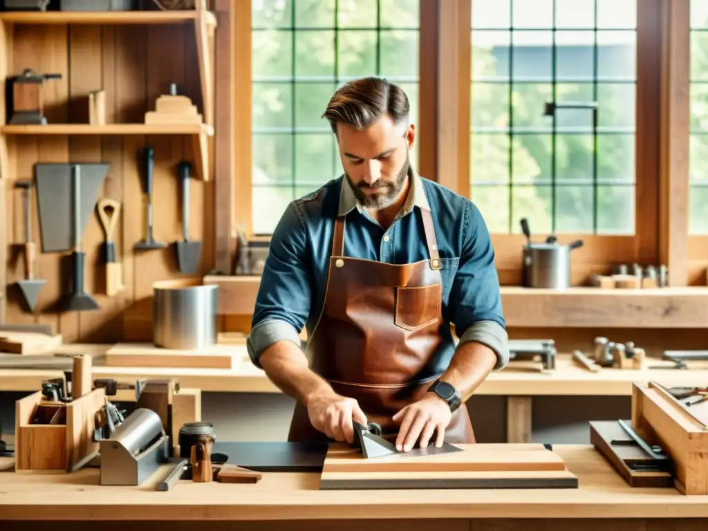 Sostenibilidad en carpintería digital: Un carpintero trabaja con herramientas modernas en un entorno de materiales sostenibles y artesanía atemporal