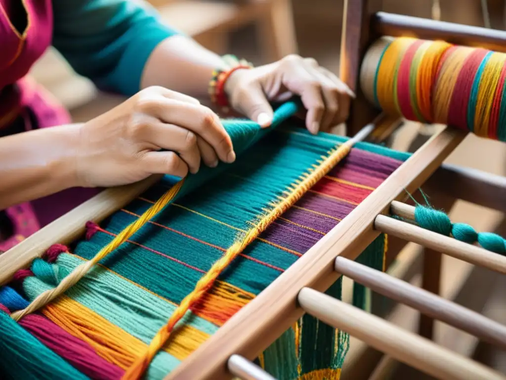 Producción sostenible artesanal: manos del artesano tejiendo delicadamente hilos coloridos en telar de madera vintage