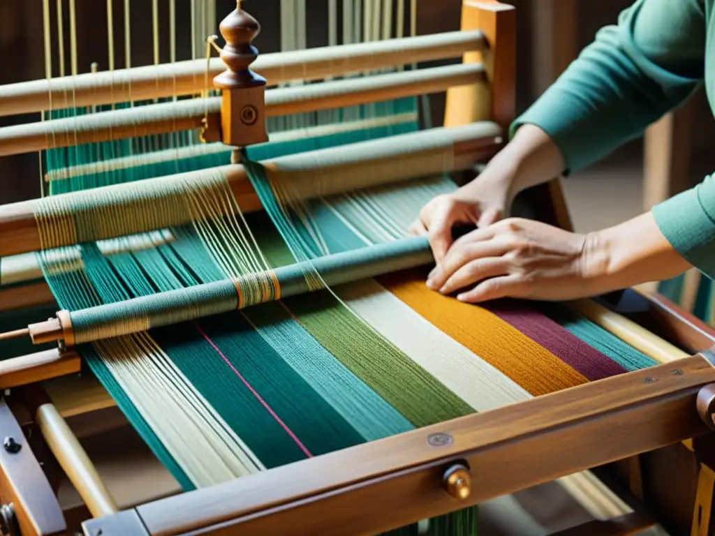 Innovación sostenible en la moda: tejido artesanal en telar de madera con hilos de colores naturales, evocando tradición y técnica