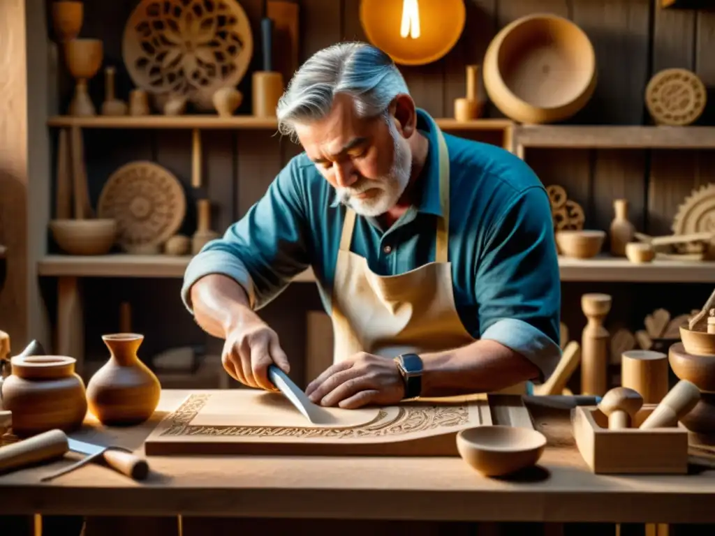 Talla de madera artesanal con iluminación cálida, evocando dedicación a la artesanía de la talla de madera asistida por tecnología