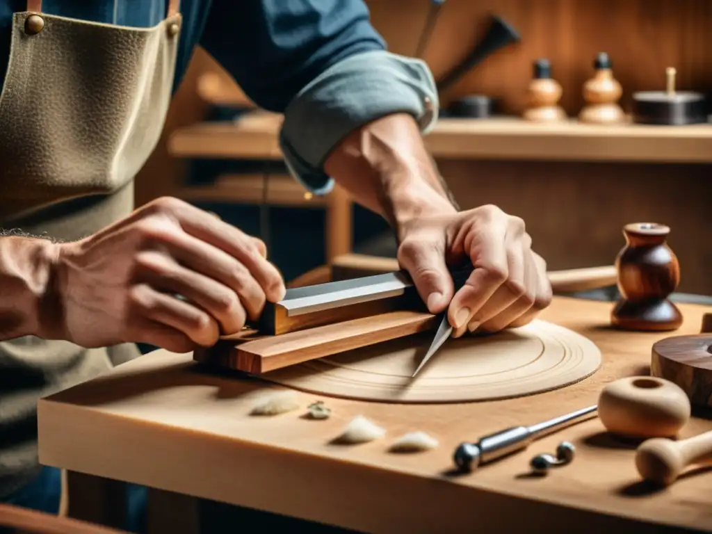 Un luthier talla con precisión una pieza de madera para construir un instrumento, con herramientas digitales y equipamiento moderno de fondo