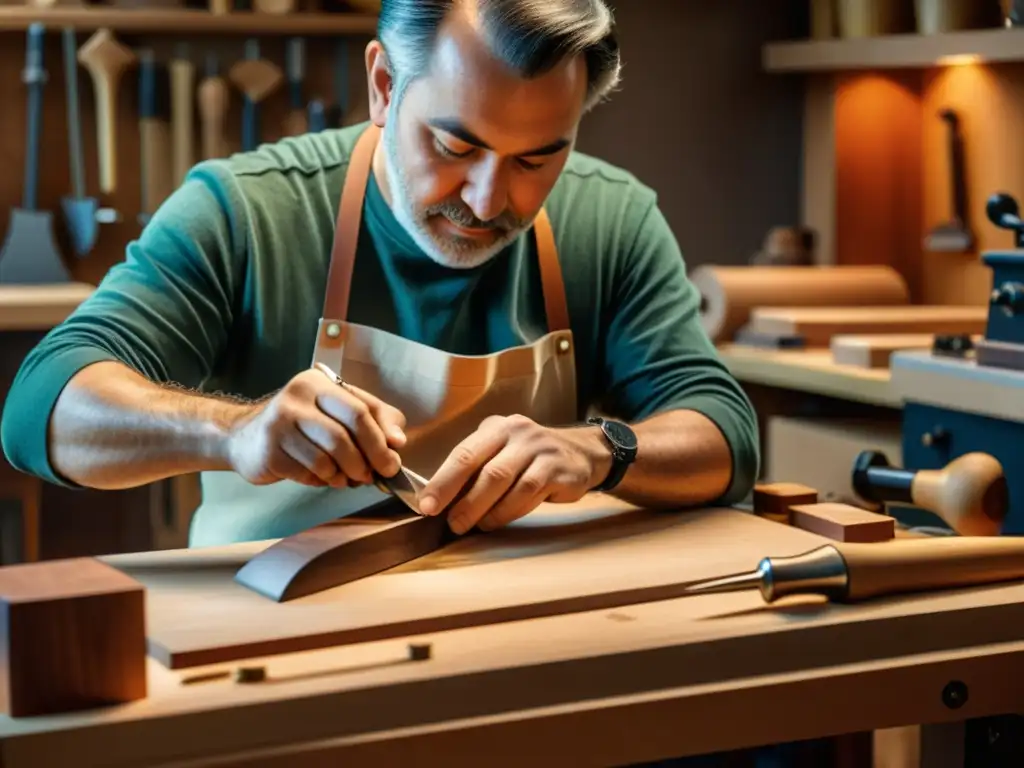 Un luthier talla con precisión una pieza de madera rodeado de herramientas tradicionales y tecnología CAD, creando una atmósfera cálida y enfocada