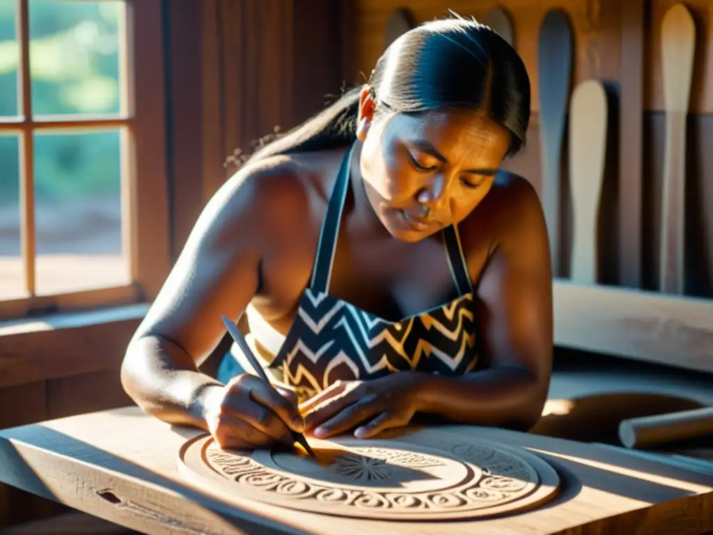 Tallado indígena en diseño moderno: Un artesano talla con destreza diseños en madera, bañado por la luz solar en su taller