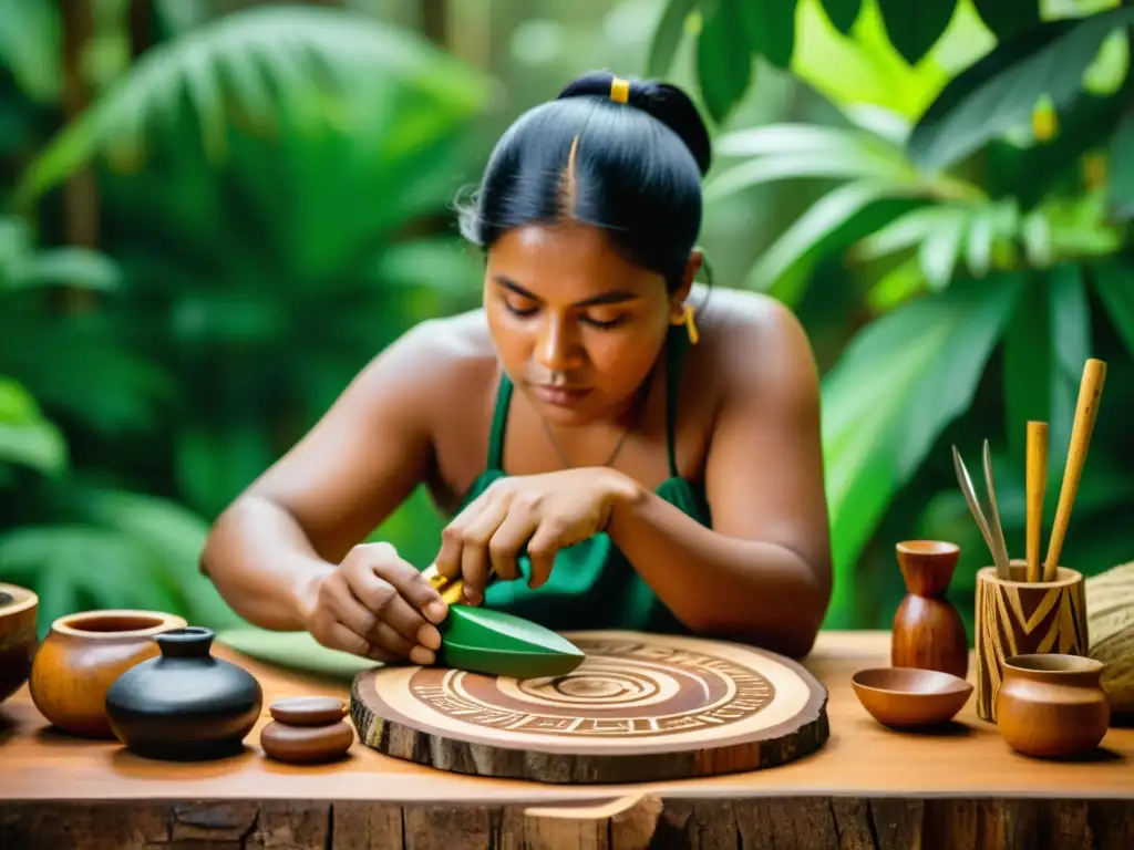 Tallado indígena en diseño moderno: artesano talla madera en la selva, rodeado de herramientas tradicionales