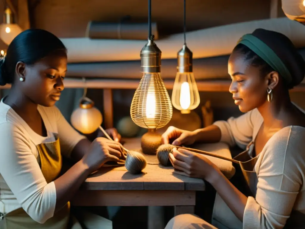 Un taller acogedor y vintage, artesanos colaborando en una pieza intrincada, iluminados por cálidas linternas