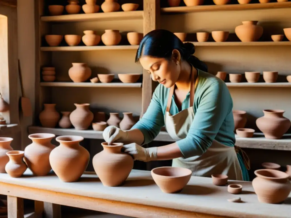 Un taller de alfarería tradicional con artesano moldeando cerámica, reflejando la intersección entre artesanía tradicional y la era digital