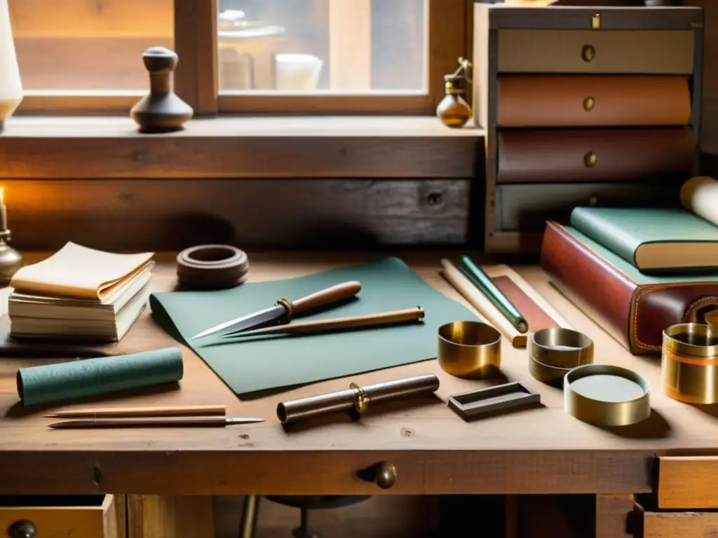 Un taller de encuadernación antiguo con herramientas y materiales vintage en un banco de trabajo de madera