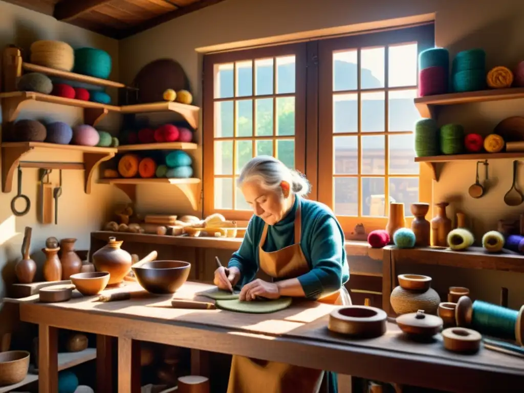 En un taller artesanal, un anciano crea meticulosamente una pieza rodeado de herramientas antiguas, hilos y telas coloridas