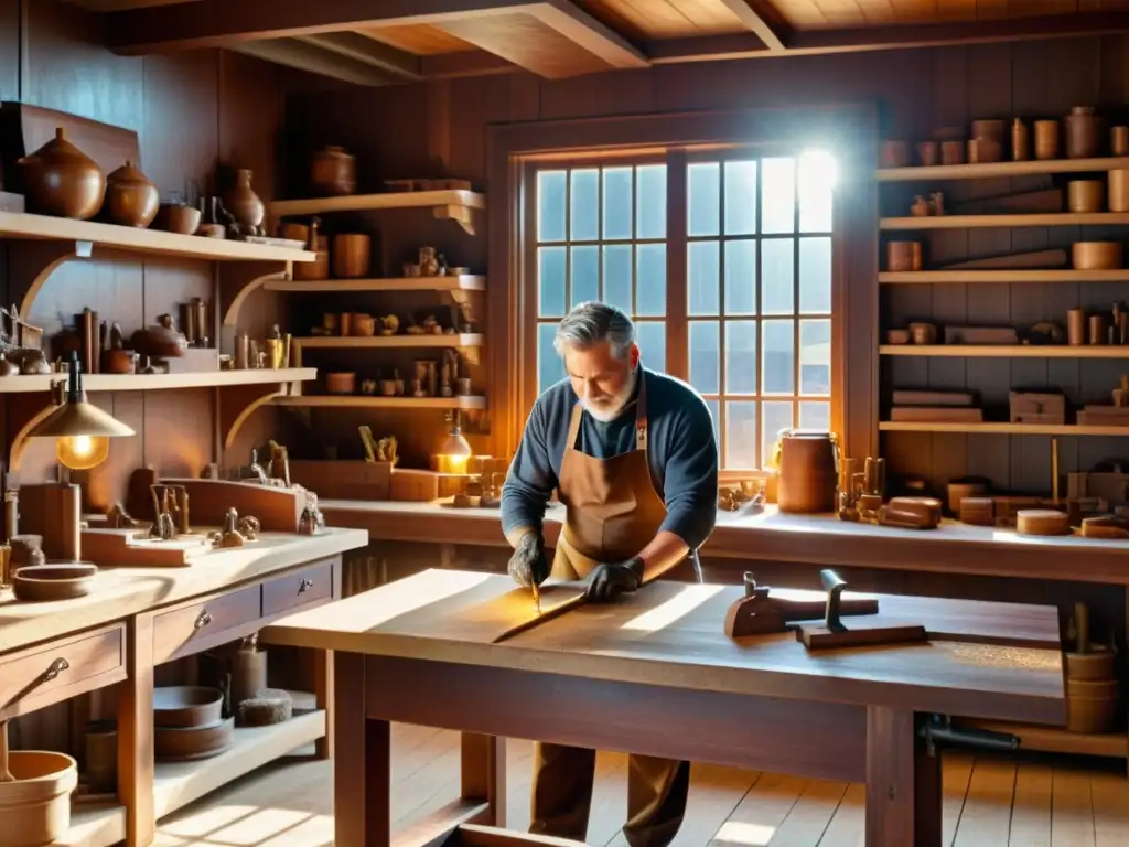 Taller de carpintería artesanal: tallado meticuloso en mesa de caoba Un taller de carpintería artesanal con un artesano tallando intrincados diseños en una mesa de caoba