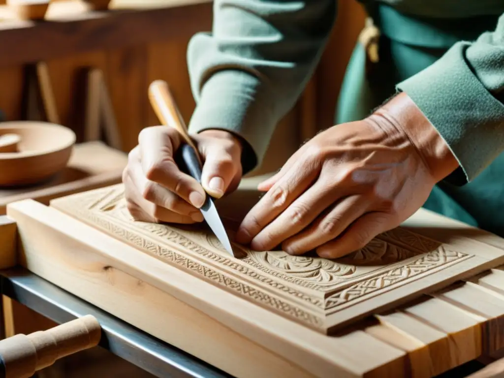 Un taller artesanal con un artesano tallando madera meticulosamente, resaltando la belleza de la artesanía tradicional