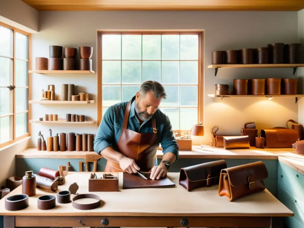 Un taller de marroquinería artesanal con artesanos trabajando en cuero, rodeados de herramientas y un ambiente cálido y tradicional