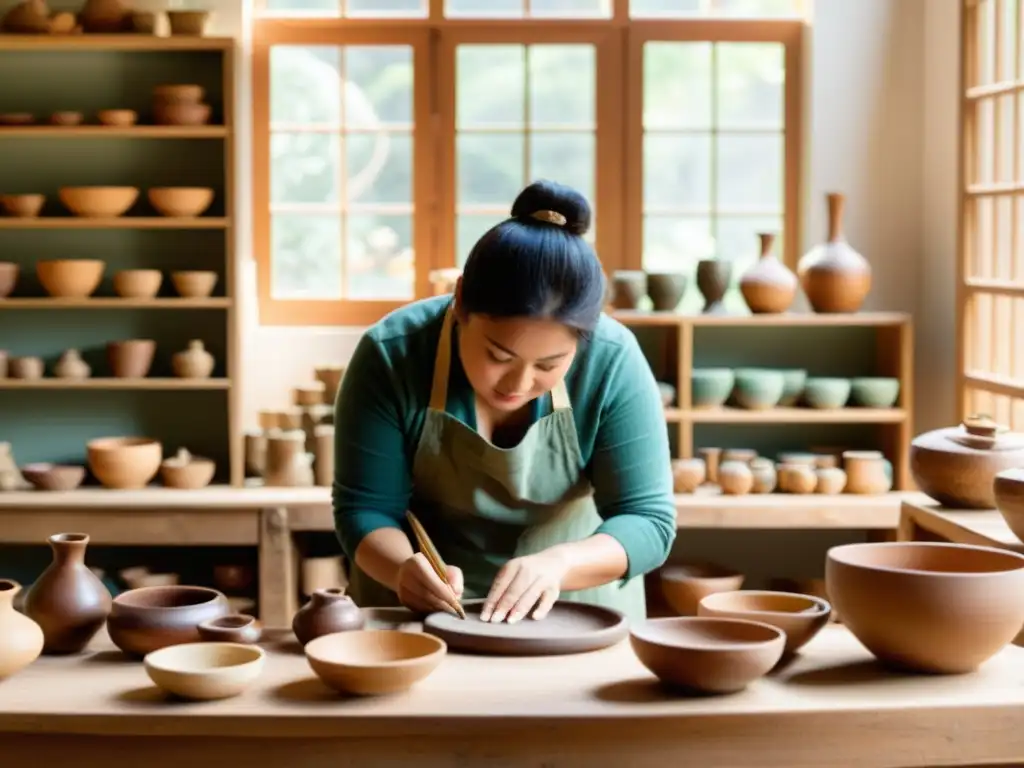 Un taller artesanal con artesanos trabajando rodeados de herramientas y materiales, transmitiendo tradición y arte manual