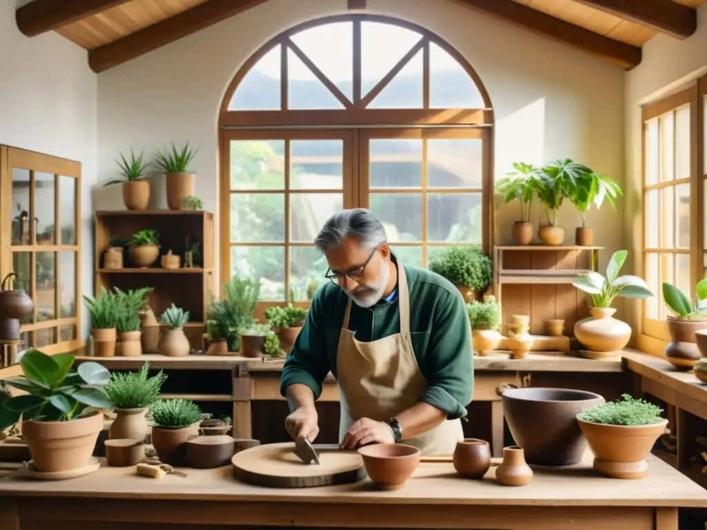 Taller artesanal: escultura de madera en armonía con la naturaleza Un taller artesanal bañado por luz natural con un artesano creando esculturas de madera detalladas