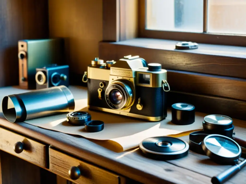 Un taller de fotografía artesanal para Instagram: un banco de trabajo de madera envejecida repleto de equipos vintage y rollos de película