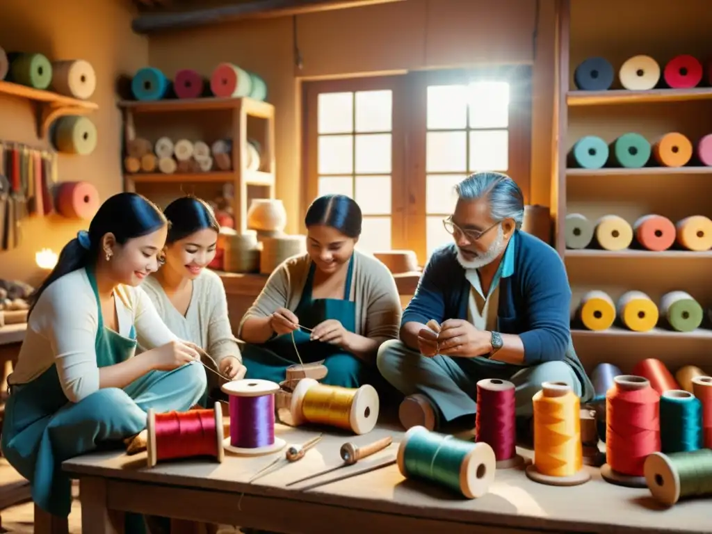 Un taller artesanal cálido y acogedor, donde artesanos colaboran en la creación de hermosas artesanías tradicionales