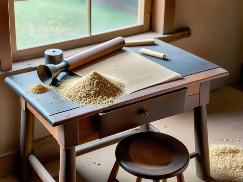 Un taller artesanal con herramientas de madera vintage, una cesta de recortes y una luz cálida reconfortante