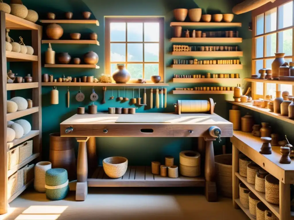 Un taller artesanal iluminado cálidamente, con una banca de trabajo de madera tallada y herramientas tradicionales