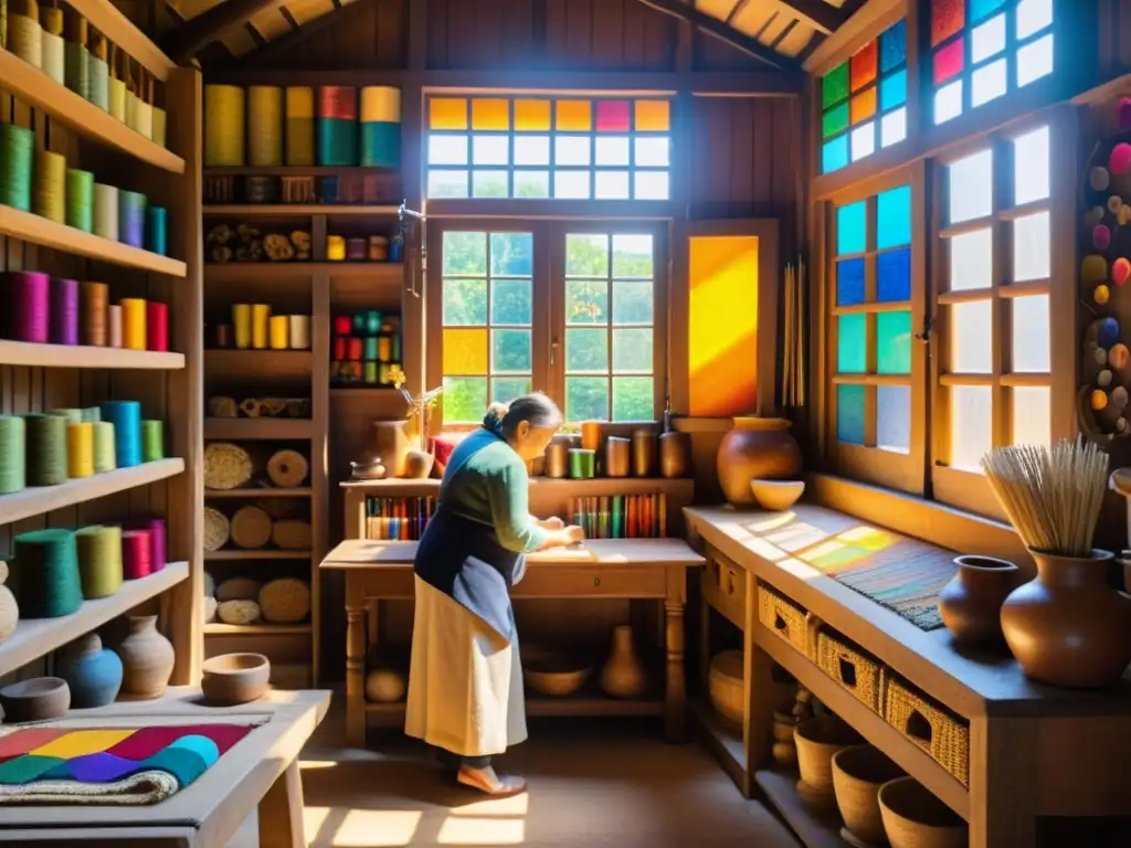 Un taller artesanal lleno de historia y color, donde un artesano crea una hermosa tapicería