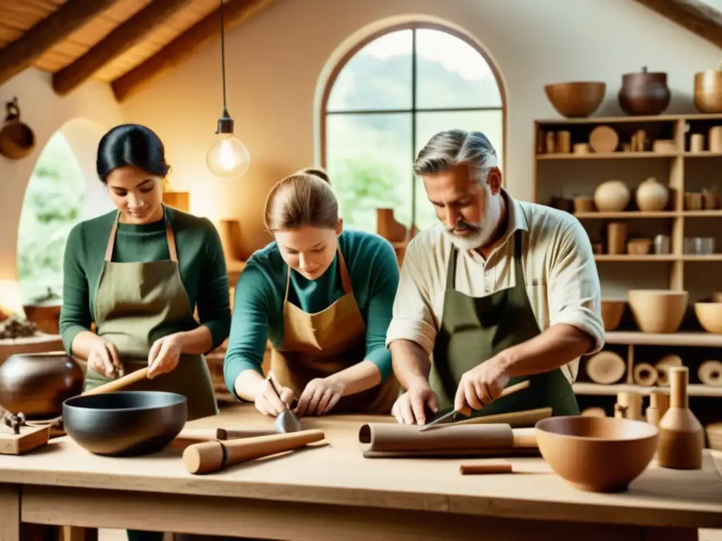 Un taller artesanal sostenible, donde artesanos trabajan juntos rodeados de materiales naturales, herramientas tradicionales y una cálida iluminación