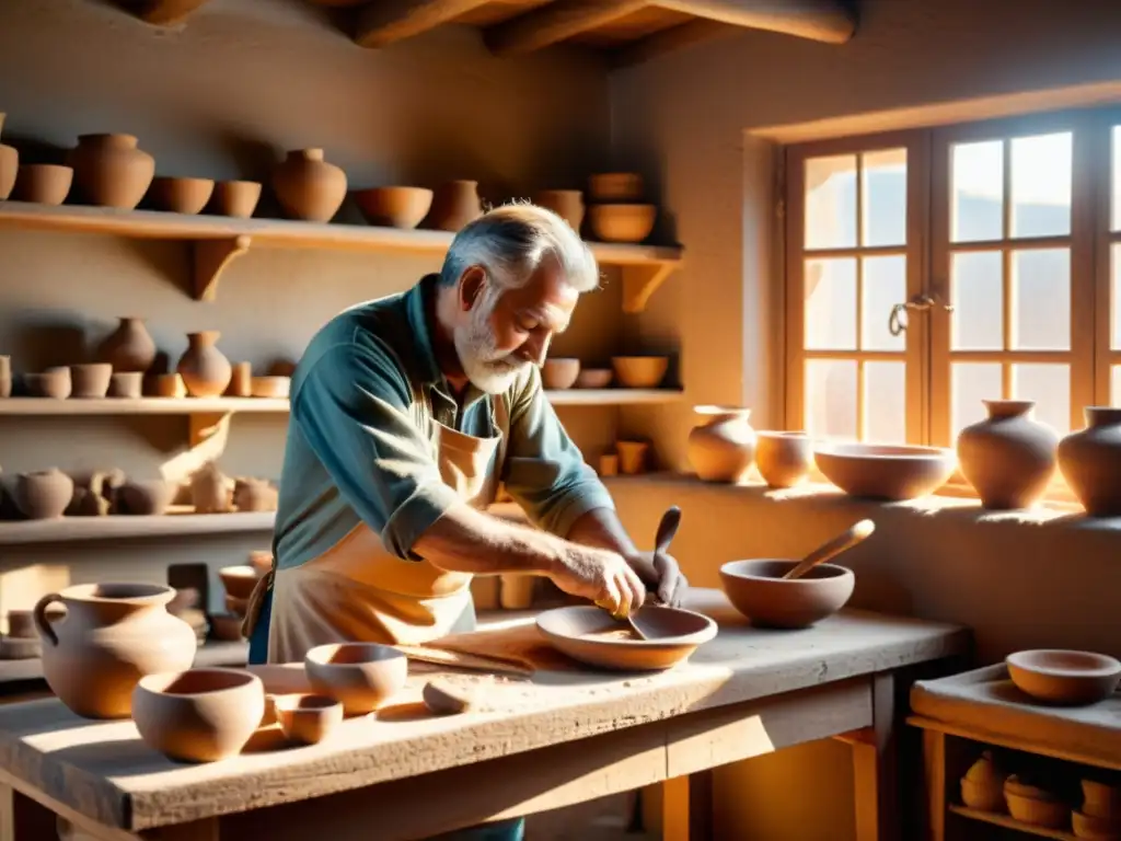 Un taller artesanal tradicional con artesano moldeando arcilla, reflejando la medición éxito artesanía tradicional en luz dorada