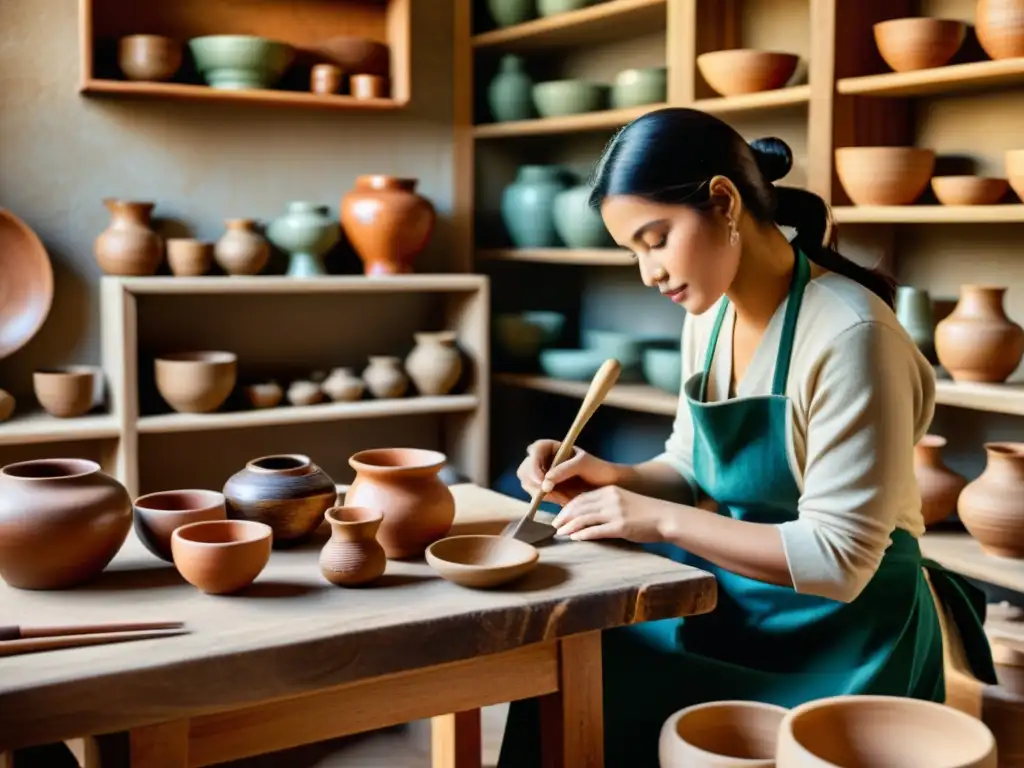 Un taller artesanal tradicional con herramientas de carpintería, cerámica hecha a mano y artesanos hábiles trabajando en sus oficios