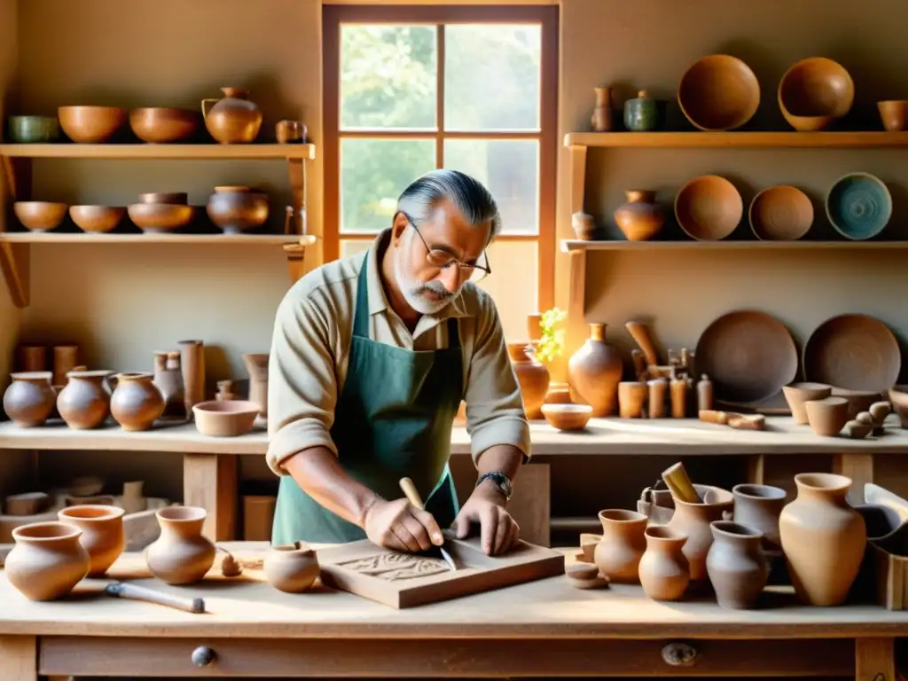 Un taller artesanal tradicional con maestro artesano trabajando rodeado de herramientas y cerámica hecha a mano, iluminado por cálida luz solar