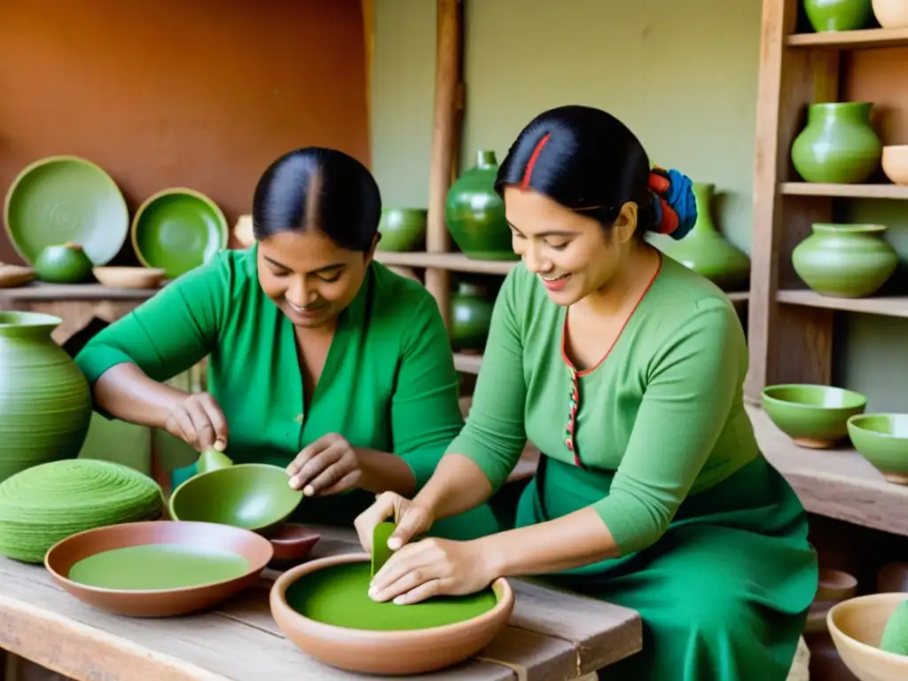 Un taller artesanal verde y acogedor, donde artesanos trabajan juntos en tejidos y cerámica