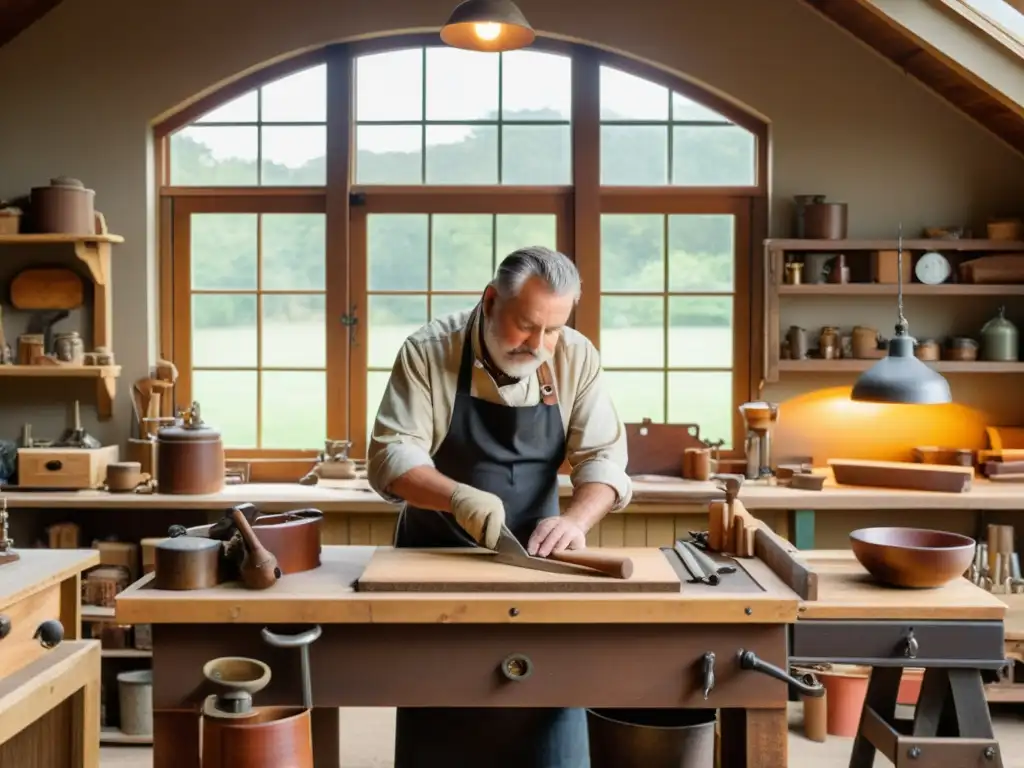 Un taller artesanal vintage, con un banco de trabajo rústico y herramientas variadas, iluminado por luz natural