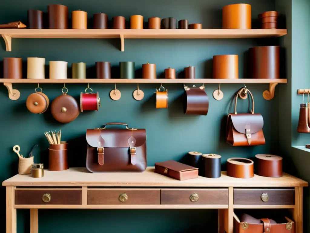 Un taller de marroquinería artesanal vintage con herramientas colgando, hilos de colores y un artesano cosiendo a mano una hermosa bolsa de cuero bajo una cálida iluminación