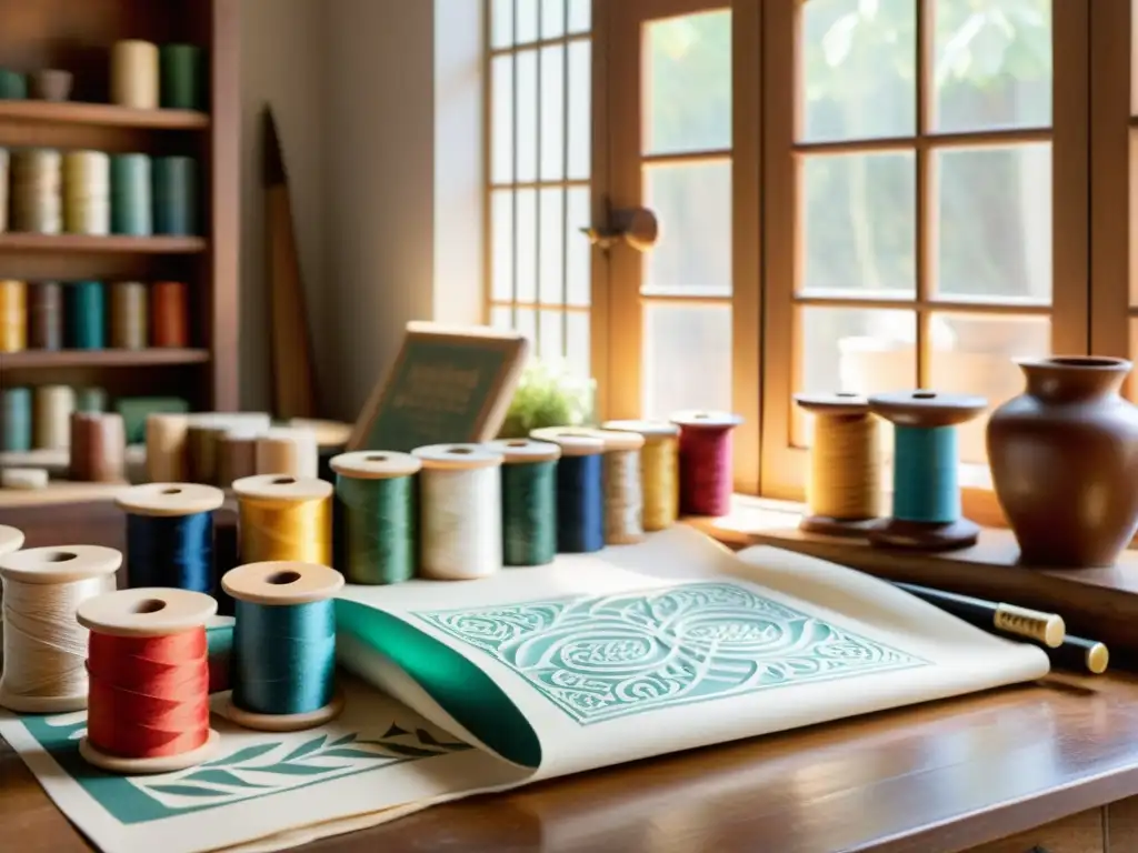 Un taller artesanal vintage con herramientas tradicionales como bloques de impresión tallados a mano, plumas de caligrafía y papel pergamino, iluminado por luz natural