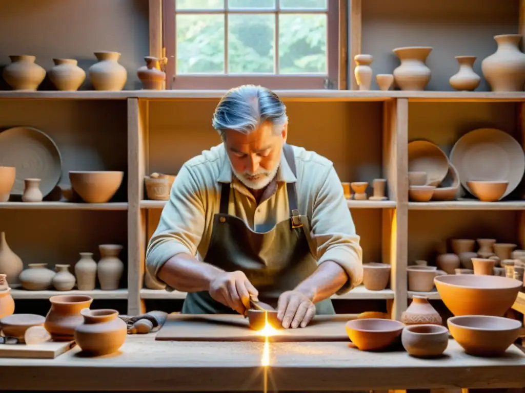 Taller artesanal de tradición y destreza Un taller artesanal vintage iluminado con luz dorada, donde un artesano moldea arcilla en un torno