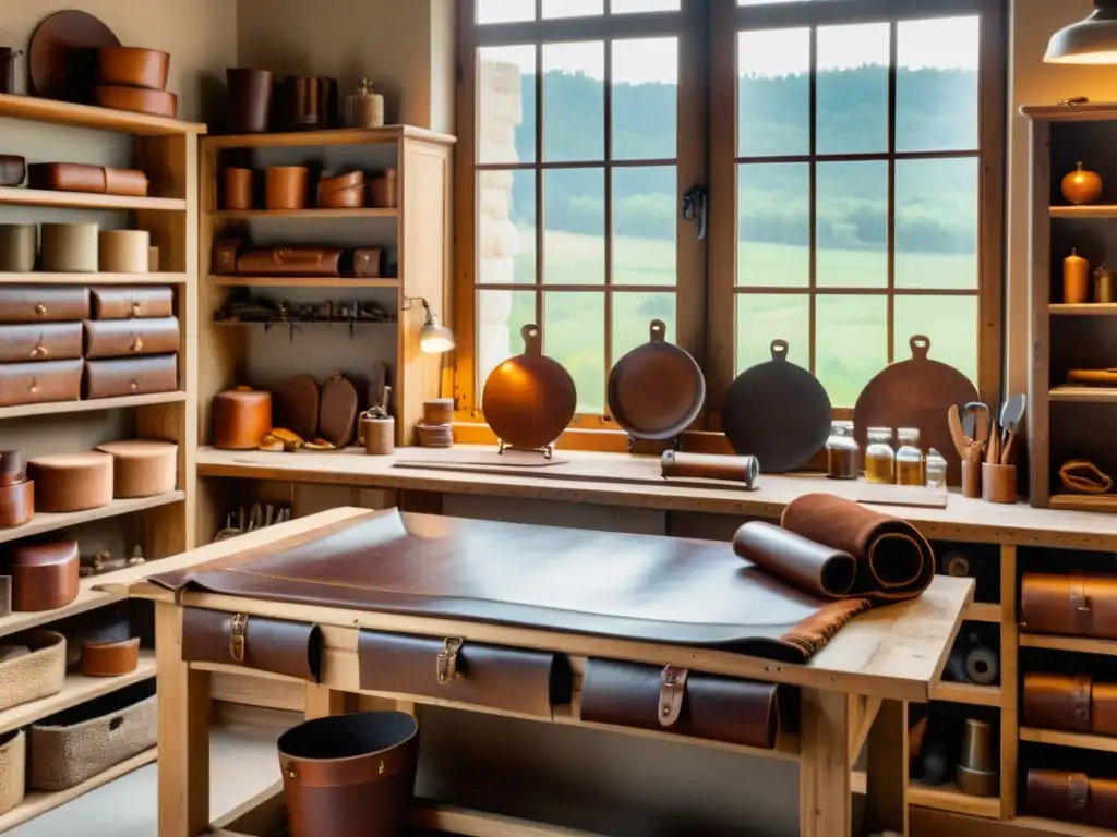 Un taller de artesanía en cuero vintage con productos y herramientas exhibidos en un banco de trabajo de madera, iluminado por luz natural