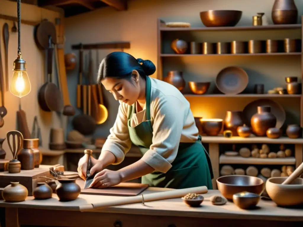 Un taller de artesanía tradicional con artesanos hábiles y piezas elaboradas, rodeados de herramientas, materiales y productos