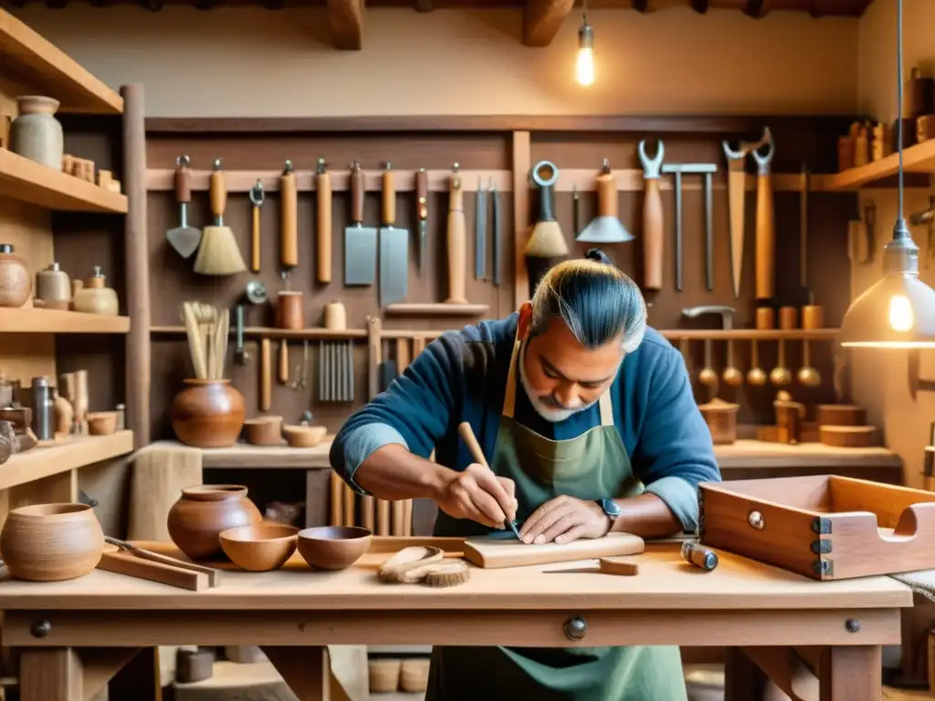 Un taller de artesanía tradicional con herramientas colgadas, cálida iluminación y un artesano tallando madera