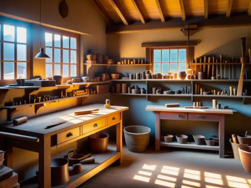 Taller artesano vintage: esculturas, joyería y tallado de madera Un taller de artesanía vintage con herramientas tradicionales y el encanto de la artesanía digital en la era digital