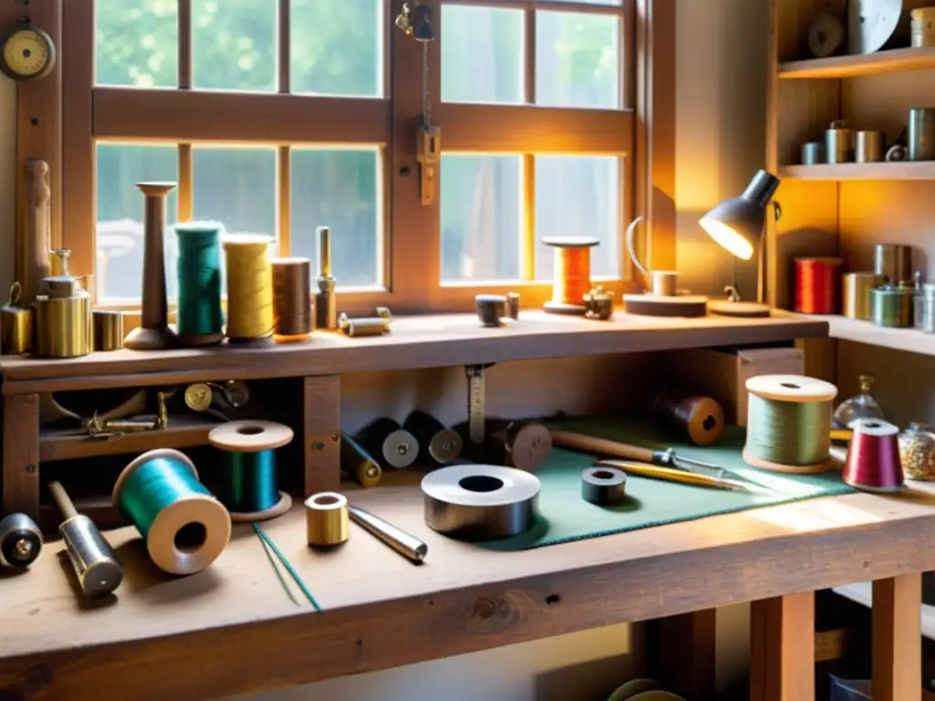 El taller del artesano, lleno de herramientas y materiales vintage, bañado por la cálida luz del sol